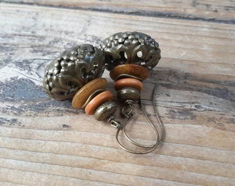 Big Moroccan Pouf Puffed Filigree Earrings | Stacked Brass, Wood & Bone Saucers I Long, Exotic Cairn Style Dangles | Unique Boho Earrings