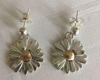 Daisy Earrings on Posts Sterling Silver and 10k Gold