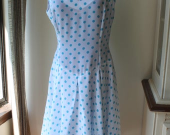 Vintage Turquoise Blue Polka Dot Summer Dress, Large Size US 10-14