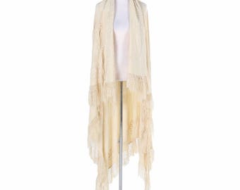 Vintage Cream Embroidered Silk Piano Shawl Large