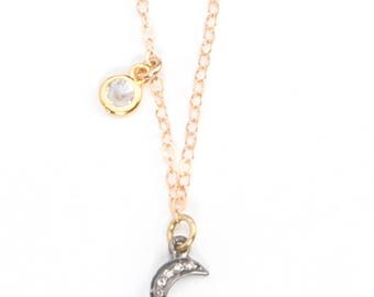 Raw Diamond Tiny Moon and Star Necklace