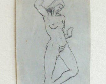 Vintage Original Beautiful Voluptuous Woman Nude Pencil Drawing on Paper 2
