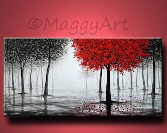 large original textured painting,wall art,red tree,rain,misty forest,black white and red,48x24inch stretched canvas,office home decor