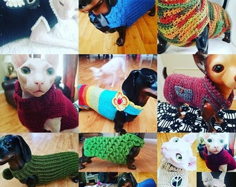 Doxie dog sweaters/Sphinx cat sweaters.