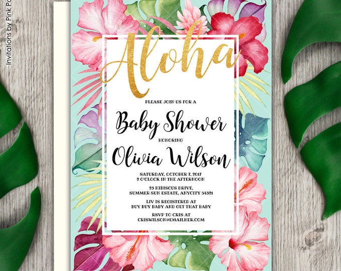 Aloha Tropical Floral Hibiscus Luau Baby Shower Invitation, Aloha Baby Shower, Floral Baby Shower, Hibiscus Baby Shower Printable Invitation