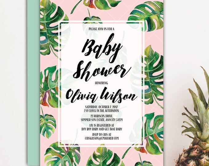 Tropical Palm Leaves Green and Pink Aloha Luau Hawaiian It's a Girl Baby Shower Printable Invitation v.2