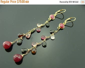 Ruby and Watermelon Tourmaline Cascade 14K Gld Filled Leverback Earrings