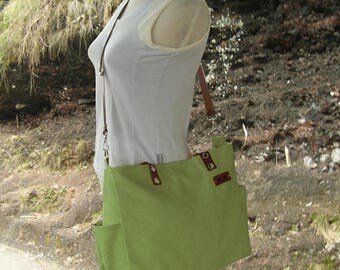 On Sale 20% off Grass green tote bag with leather name tag, leather strap messenger bag, double - purpose bag for men and women,
