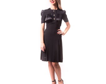 1930's Rayon and Satin Black Dress/ 30s 40s Black Party Dress