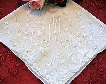 Vintage Madeira All White M Initial Monogram HAND MONOGRAMMED Handkerchief Hankie Hanky White Bridal Wedding Something Old