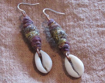 Cowrie Shell Earrings Tribal Dangle Ear Rings Shells Copper Earthy Gypsy Jewellery Indian Artisan Wire Wrap Jewelry Sari Silk Festival