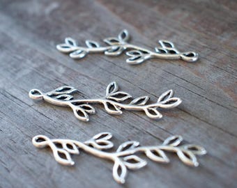 6 Open Leaf Branch Charms 45mm Antiqued Silver