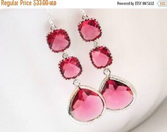 SALE Glass Earrings, Fuschia Earrings, Fuchsia Earrings, Silver Earrings, Hot Pink, Bridesmaid Jewelry, Bridesmaid Earrings, Bridesmaid Gift