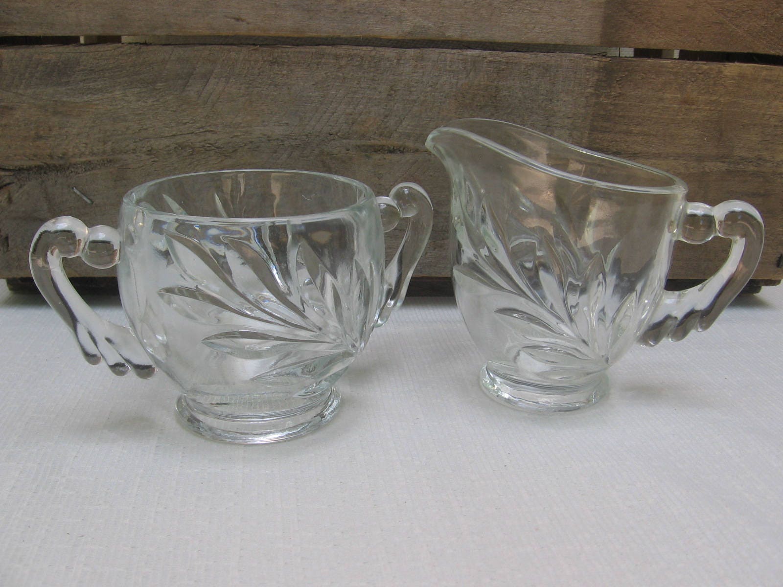 Indiana Glass Creamer Sugar Bowl Set Willow Oleander Leaf 6888