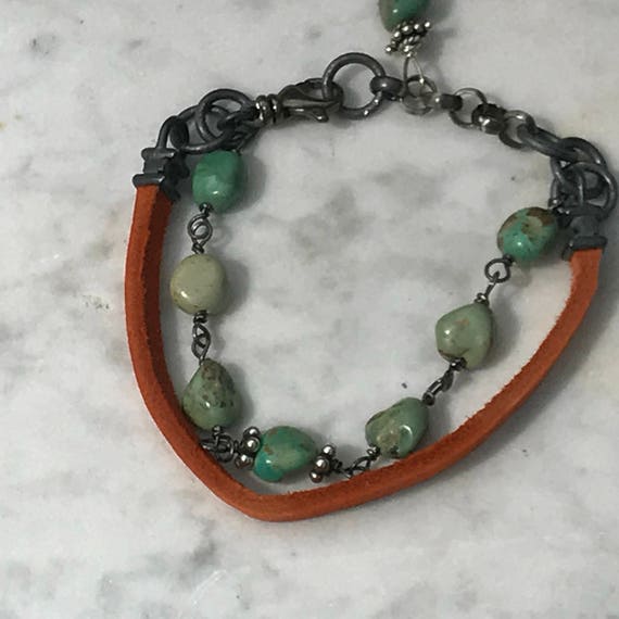 Leather and Turquoise - wire Wrapped - Eco Friendly Sterling Silver - Artisan Urban - Sundance Style Jewelry