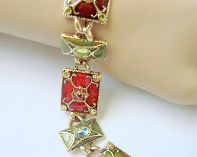 Liz Claiborne Enamel Rhinestone Panel Bracelet / Designer Signed / Olive Green / Cranberry Red / Costume Jewelry / Jewellery