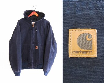 vintage jacket / Carhartt jacket / canvas jacket / workwear / 1990s navy Carhartt canvas hoodie jacket XL