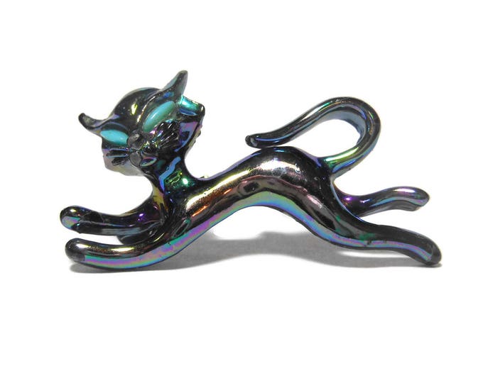 FREE SHIPPING Iridescent black cat brooch, 1950s kitty kitten opalescent scatter pin with turquoise colored eyes, Siamese if you please.