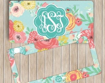 SALE Floral Monogram License Plate Frame Set ~ Personalised Flowers License Plate Frame ~ Custom Car Tag ~ Custom Plate Frame ~ New Driver G