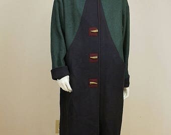 Hooded wool coat Womens vintage color block coat Hipster clothing Green blue midi coat with hood Wool jacket Loose long coat ILGWU tag