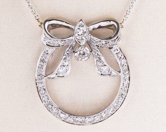 Antique Necklace - Antique 14k White Gold Diamond Bow Pendant