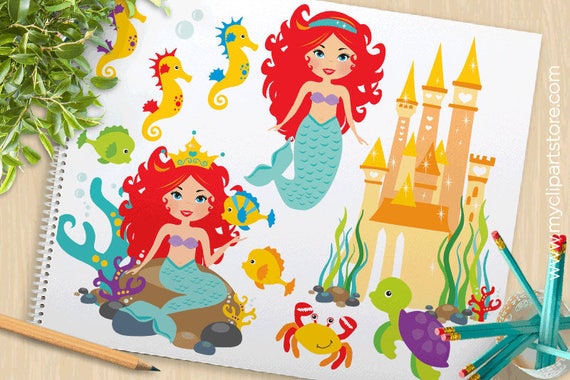 Mermaid Princess, Under the Sea, treasure chest, crab, sea horses, starfish, pirates, crab, Commercial Use, SVG Cut file, Vector Clipart Il_570xn
