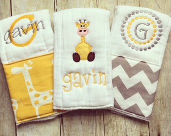 Personalized baby boy burp cloths - safari giraffe, baby gift
