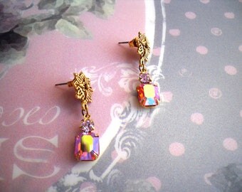 Renaissance Vintage earrings lever back hooks pink glass brass bronze baroque connectors Isabella