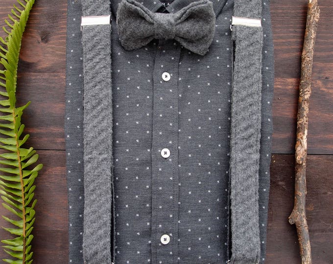 Grey bow tie and suspenders, Adult suspenders set, Dark gray suspenders set, Mens suspenders set, Suspenders bowtie set, Grooms suspenders