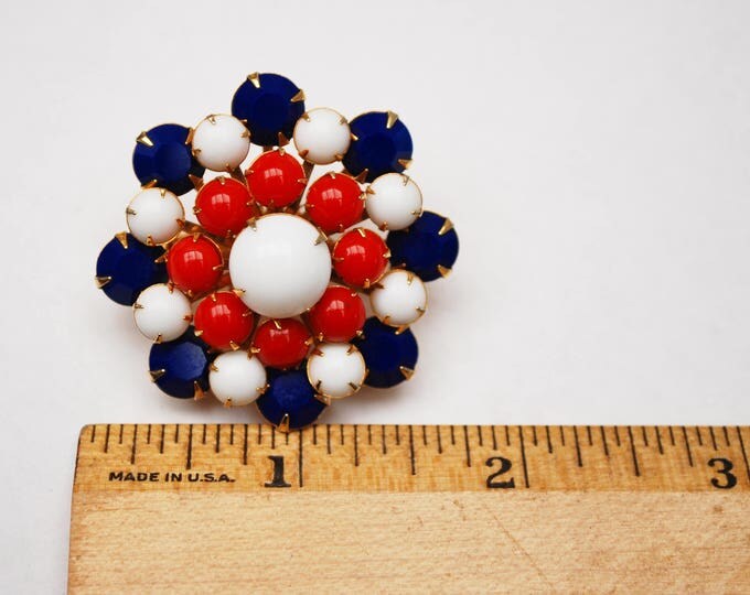 Red White blue Brooch - Colorful Glass Rhinestone - Patriotic - Mid Century - Circle Flower pin
