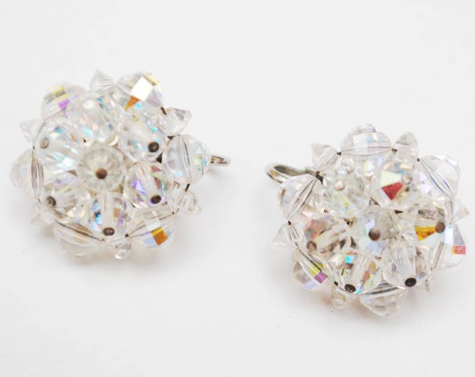 Crystal Bead Cluster Earrings - Signed Laguna - Aurora Borealis Glass beads - Clip on earrings