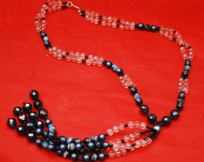 Hobe Lucite Bead Necklace - Tassel - black marble glass - clear Plactic beads- Art Deco style