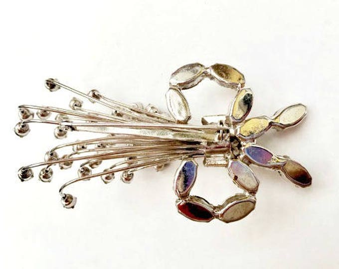 Rhinestone Flower spray brooch- ice crystal -Mid Century flora pin