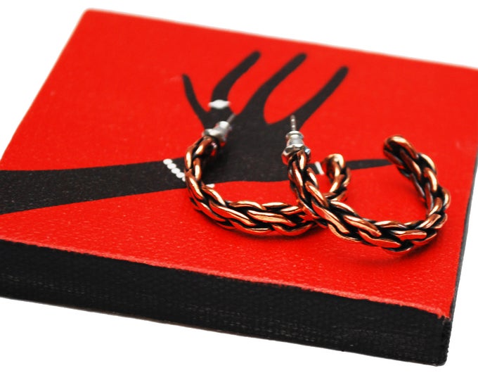 Copper Hoop Earrings - Twisted braided - Pierced - boho earrings