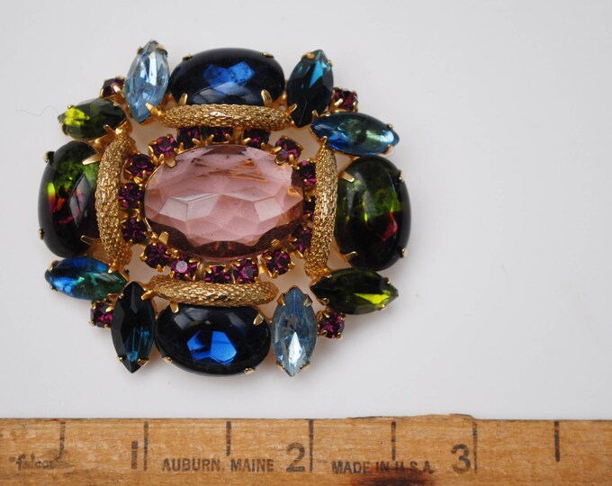 Watermelon Givre Rhinestone Brooch - Gold mesh plated metal - Blue green Pink glass cabachon - Mid Century pin