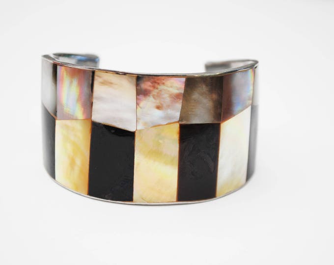 Mother of Pearl Onyx Abalone Cuff Bracelet - White shell inlay - Wide Boho Bracelet