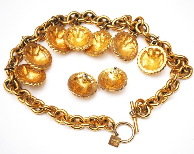 Anne Klein Lion necklace Earring - Chunky Gold - Dangle lion Coins - Pierced stud earrings - Jewelry Set