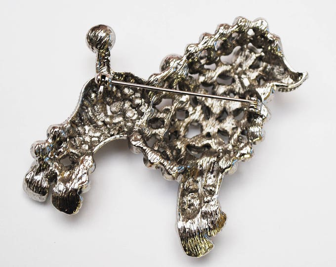 Poodle Brooch - Clear rhinestones - White pearl - large dog puppy - figurine pin