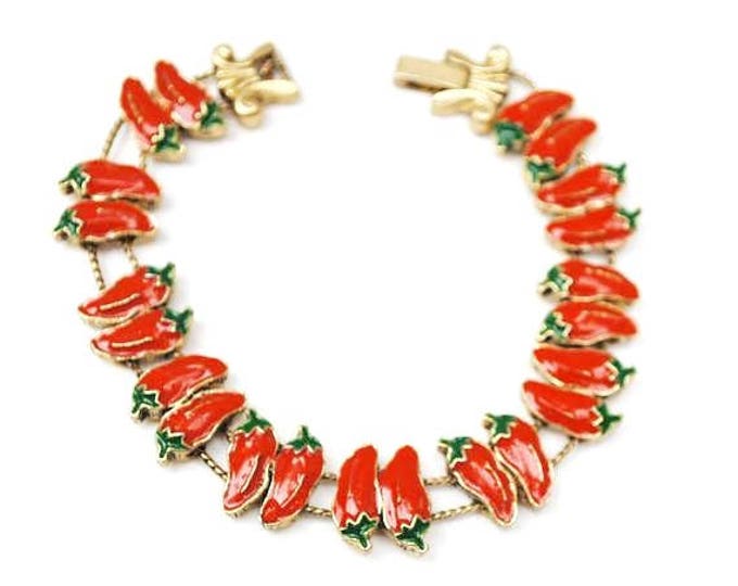 Red Chili Pepper Slider Bracelet - Red Green Enameling - Charm - link bangle