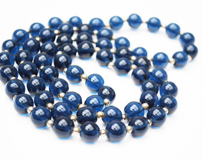 Blue Glass Bead necklace - round dark blue beads - silver beads - long 34 inch necklace