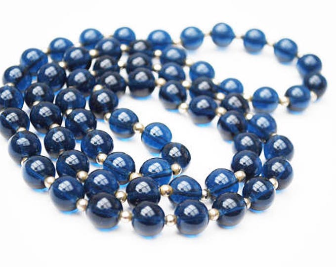 Blue Glass Bead necklace - round dark blue beads - silver beads - long 34 inch necklace