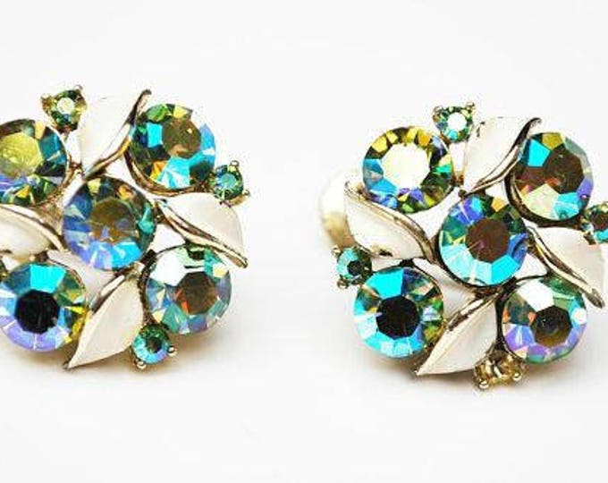 Lisner Earrings - Aurora Borealis crystal - Cream enamel - Green rhinestone - gold metal - cluster bead - Screw back earrings