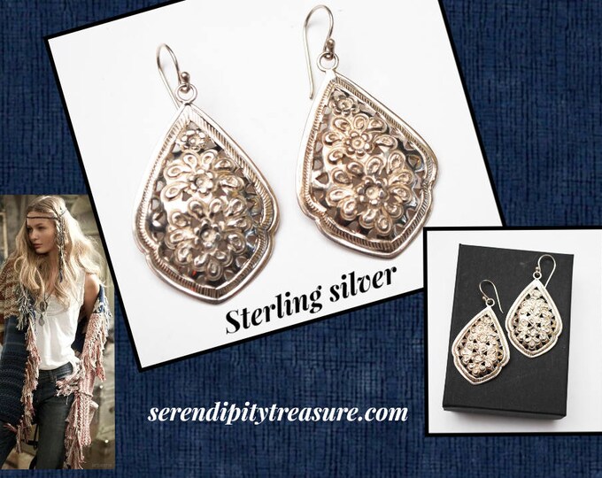 Sterling Dangle earrings - silver pear shape floral filigree - signed DS Thailand - drop earring