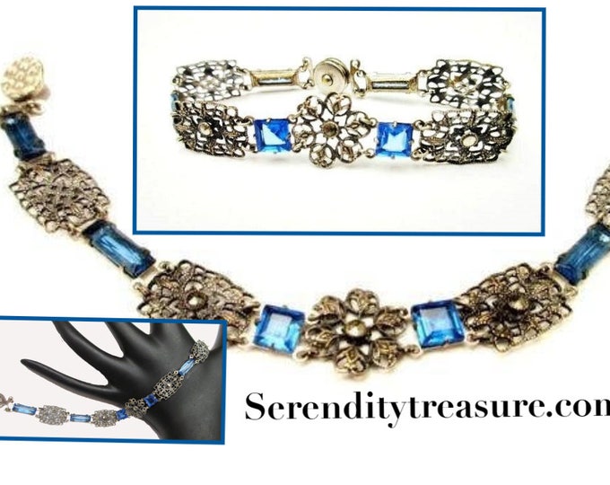 Blue Glass Link Bracelet - 1940s snap clasp - Marcasite silver plated filigree panel - Art Deco