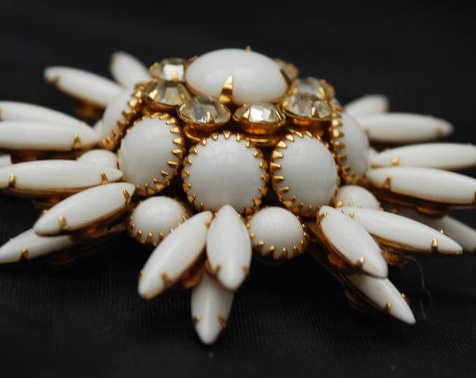 White Milk Glass Flower Brooch - Atomic Pin - Snow Fake - Clear rhinestone - Mid Century