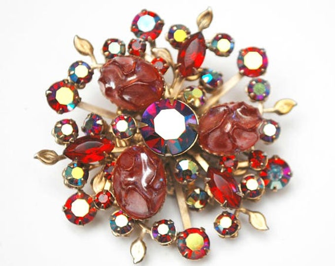 Red Rhinestone Flower Brooch - Lava molded lucite - red Glass Auroral borealis - Floral Mid century Pin