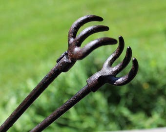 vintage coal tongs iron 3 pronged 12 1/4 inch long 1940's tongs