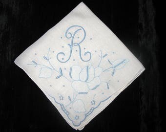 Monogrammed Handkerchief Initial L letter, Gift for Bride from Mother, Initials L, R, H, K or N Blue