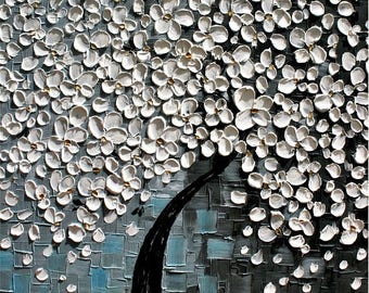 SALE Original Modern White Blossom Gray Heavy Texture Impasto Palette Knife Painting.