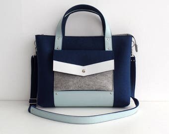 Felt Leather Handbag Navy Blue Gray White